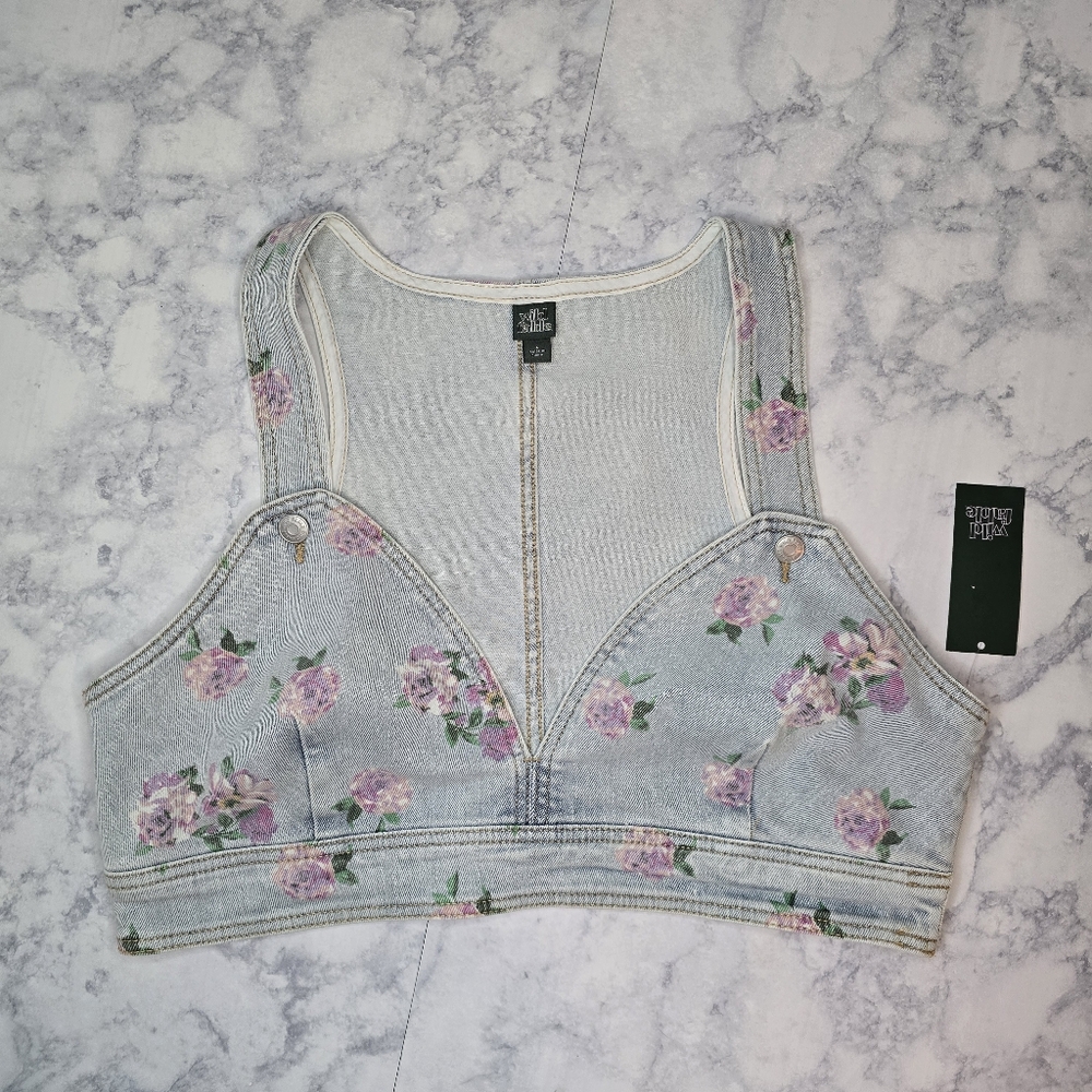 Wild Fable Floral Denim Crop Tank Light Wash Large Blue Pink - Picture 3 of 11